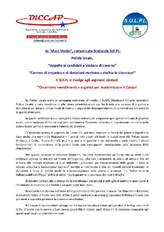 01.05.2019 COMUNICATO STAMPA SULPL INVIATO A MASS MEDIA PER I CANDIDATI A SINDACO DI LIVORNO page 001