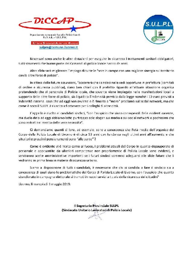 01.05.2019 COMUNICATO STAMPA SULPL INVIATO A MASS MEDIA PER I CANDIDATI A SINDACO DI LIVORNO page 002