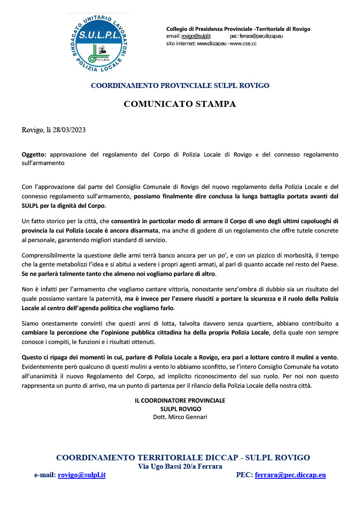 COMUNICATO STAMPA approvazione del regolamento del Corpo di Polizia Locale Rovigo e del connesso regolamento sullÔÇÖarmamento1024 1