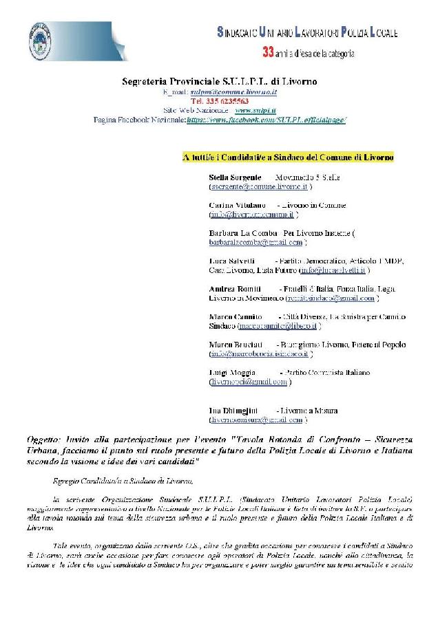 Invito SULPL ai Candidati Sindaco ar Evento Tavola Rotonda su Sicurezza Urbana e funzioni e ruoli della Polizia Locale del 21.05.2019 page 001