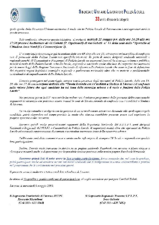 Invito SULPL ai Candidati Sindaco ar Evento Tavola Rotonda su Sicurezza Urbana e funzioni e ruoli della Polizia Locale del 21.05.2019 page 002