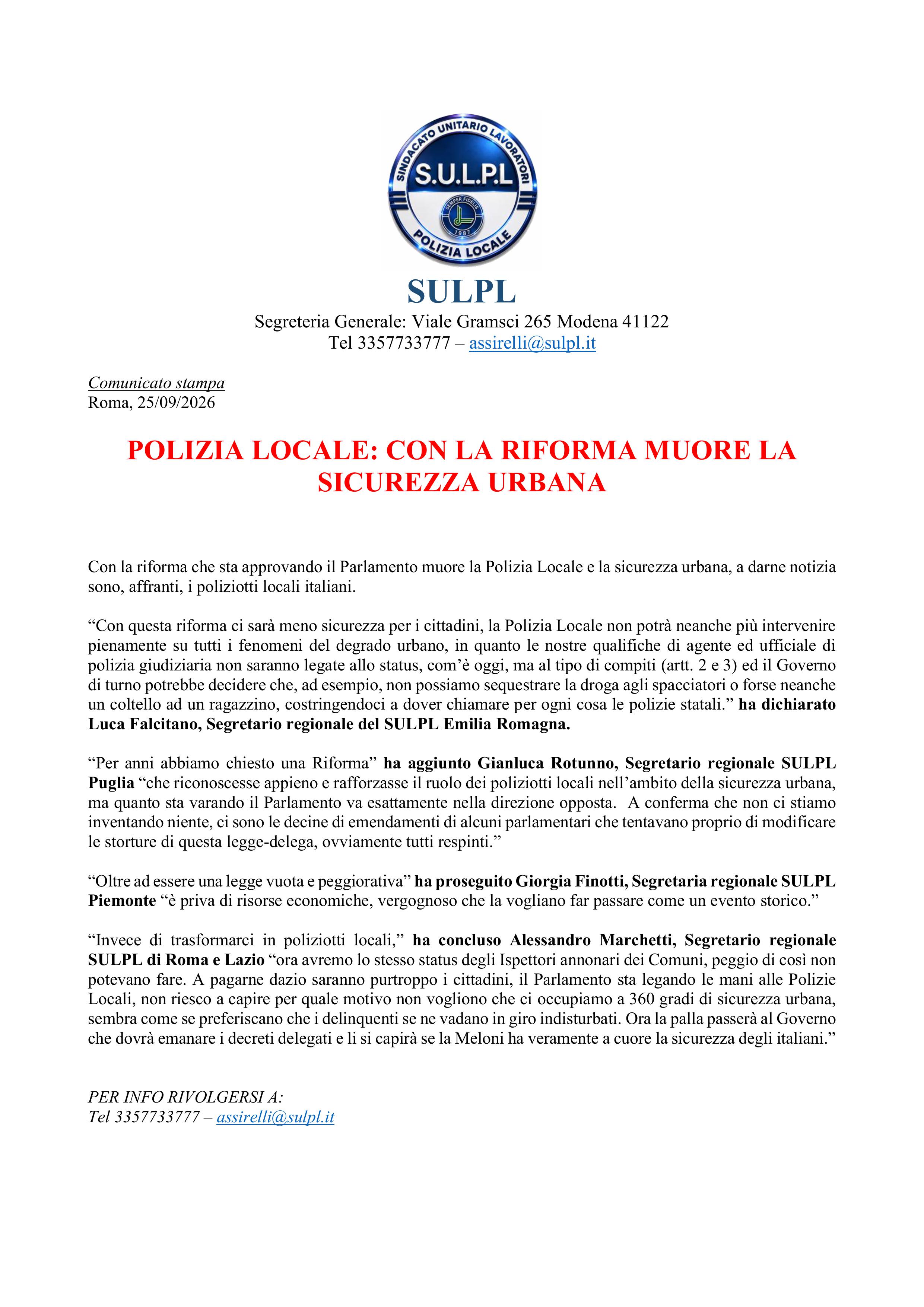 POLIZIALOCALE Comunicato stampa SULPL
