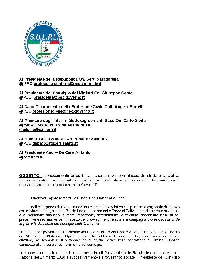 SULPL DICCAP emergenza COVID19 proposta pubblica benemerenza al personale della polizia locale page 001